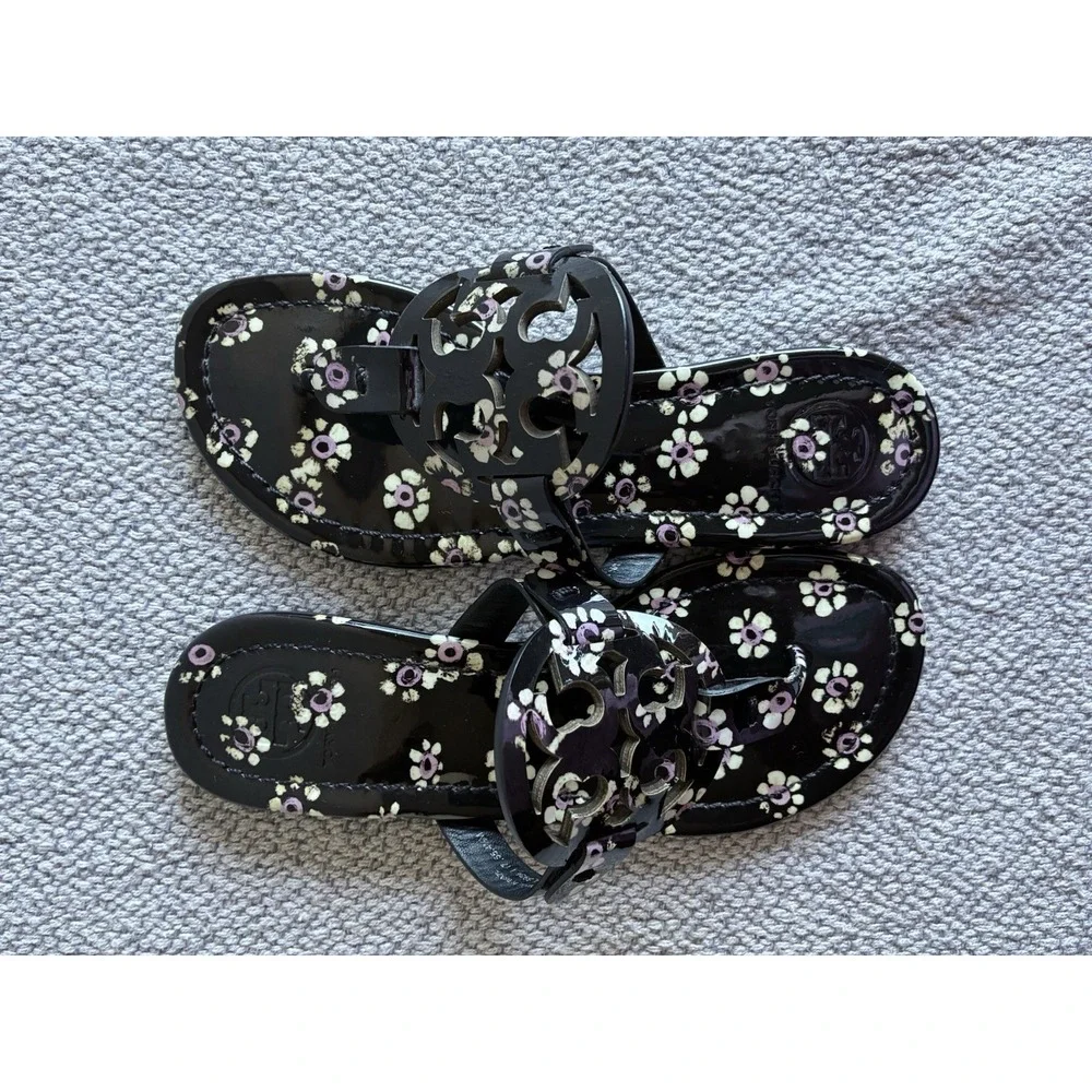 Tory Burch Miller Floral Patent Sandals Black Pink Women Size 4.5 M EU 35.5 - Picture 9 of 13